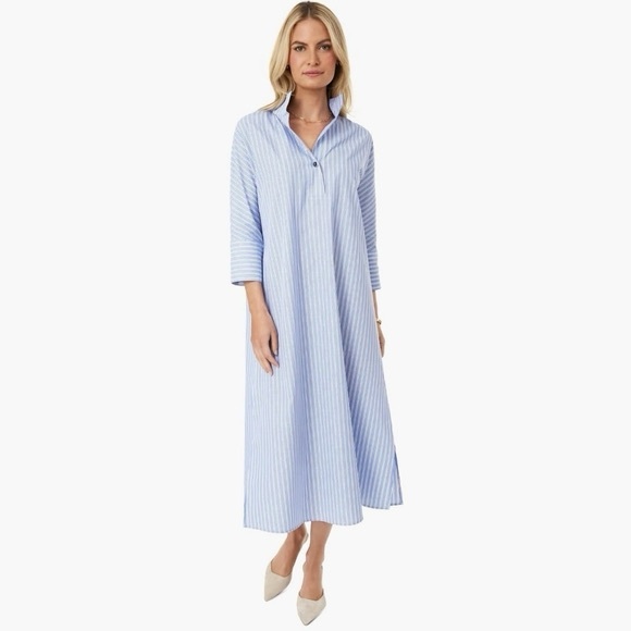Tuckernuck Willow Kaftan Dress Stand Collar Blue & White Striped Shirt Dress - Picture 4 of 10